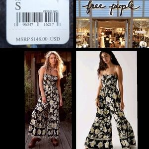 SMALL $148 FREE PEOPLE spaghetti strap smocked floral Jumpsuit wide leg flare